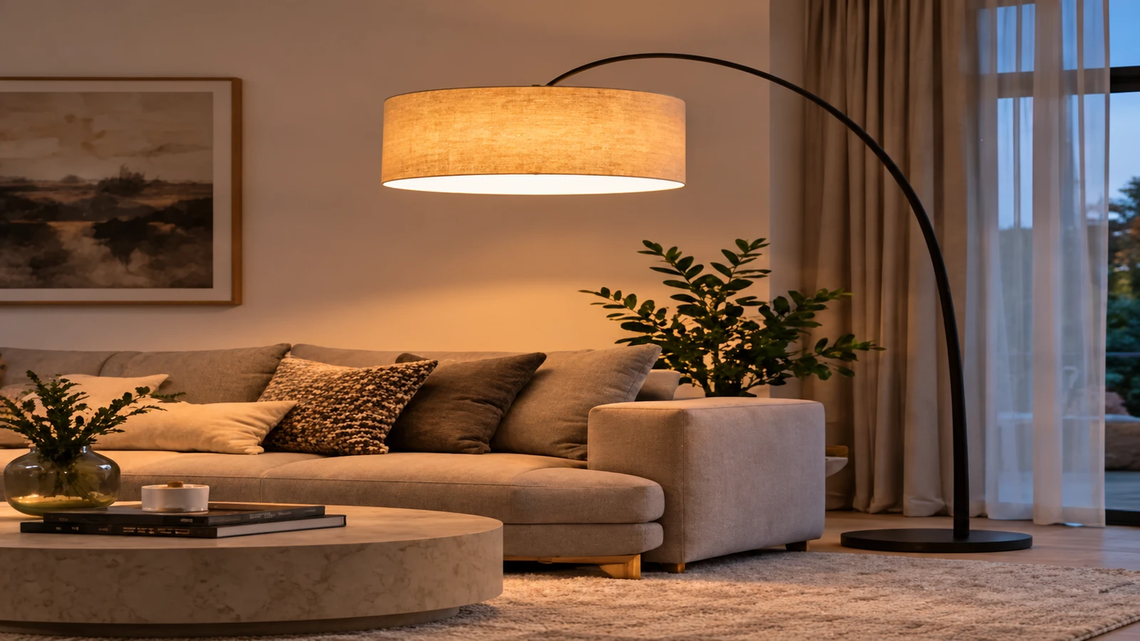 Stojací oblouková lampa osvětluje posezení vedle pohovky