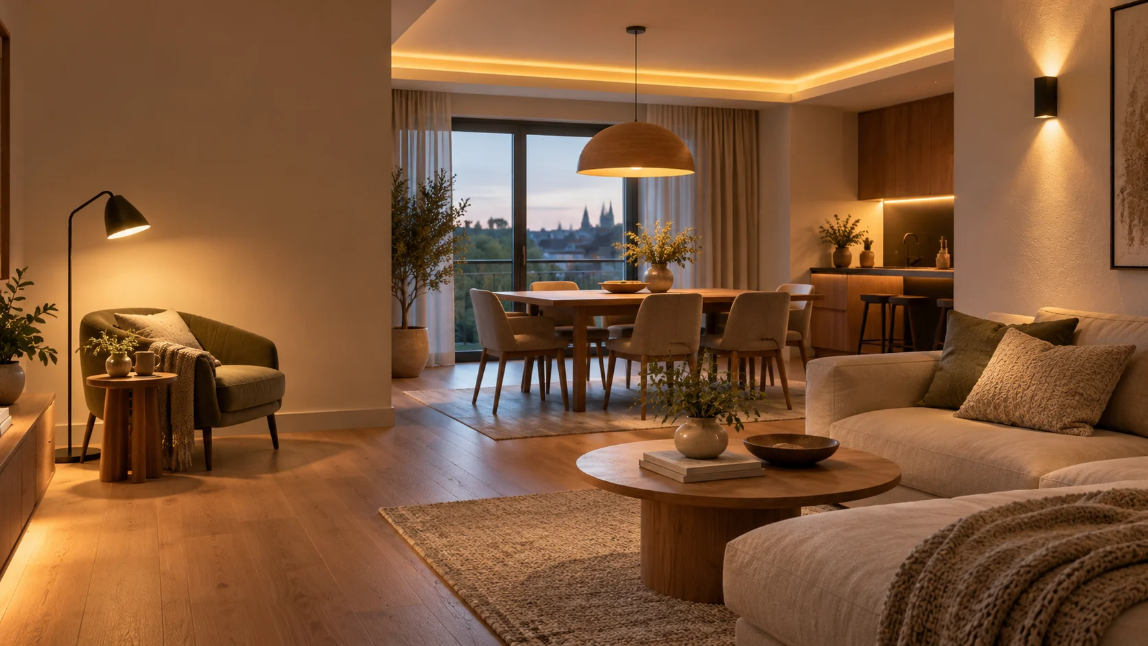 Moderní obývací pokoj s více vrstvami osvětlení